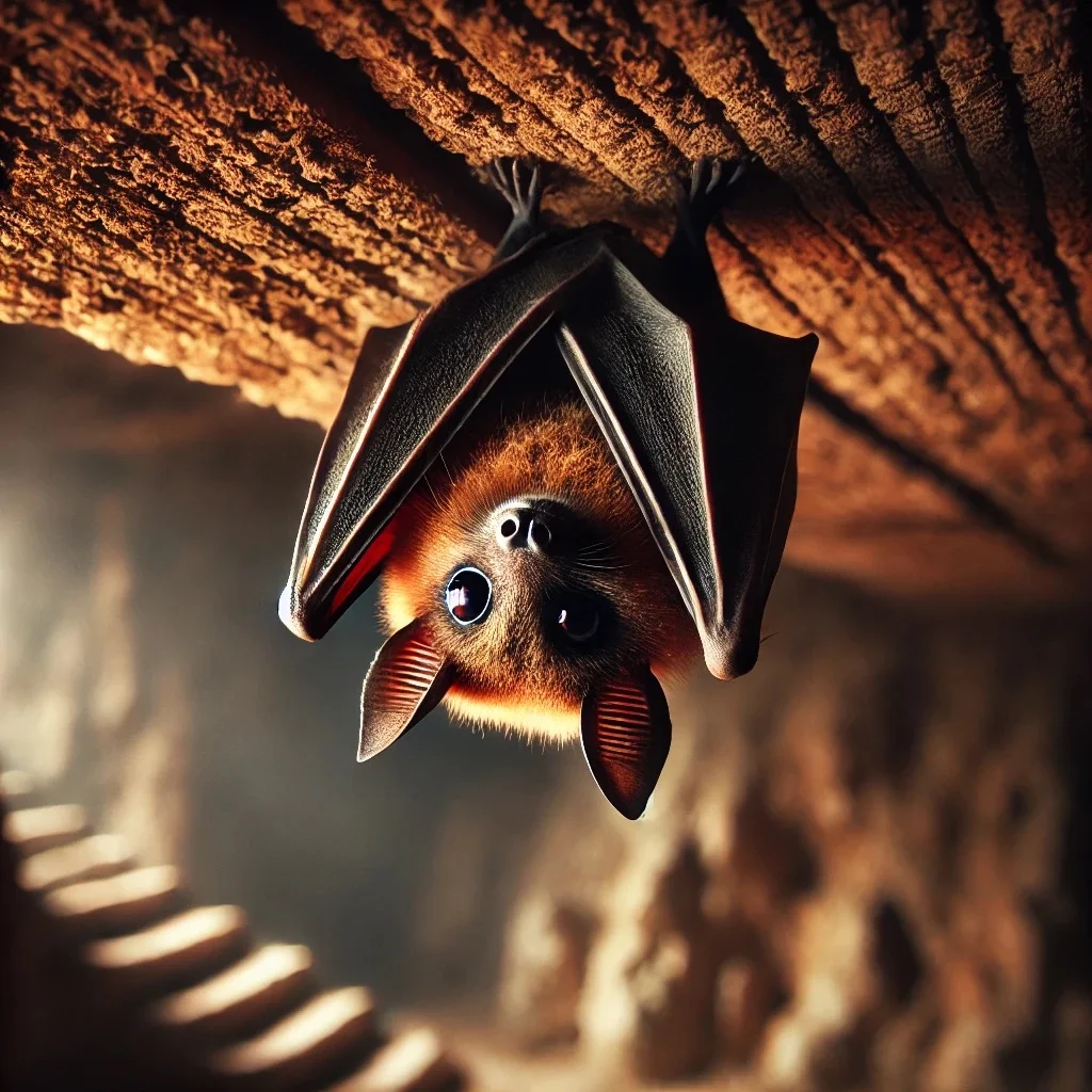 Bumblebee bat hanging from a branch