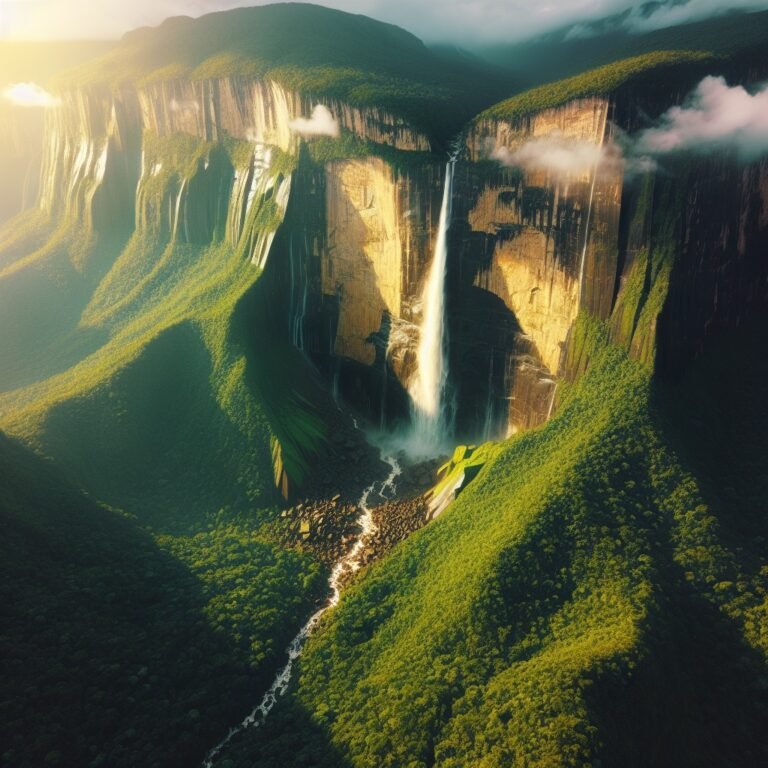 Aerial view of Angel Falls in Venezuela cascading down a cliff