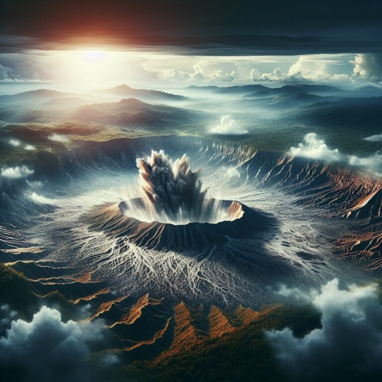 Dramatic asteroid impact site showing a crater surrounded by volcanic activity and changes in the landscape.