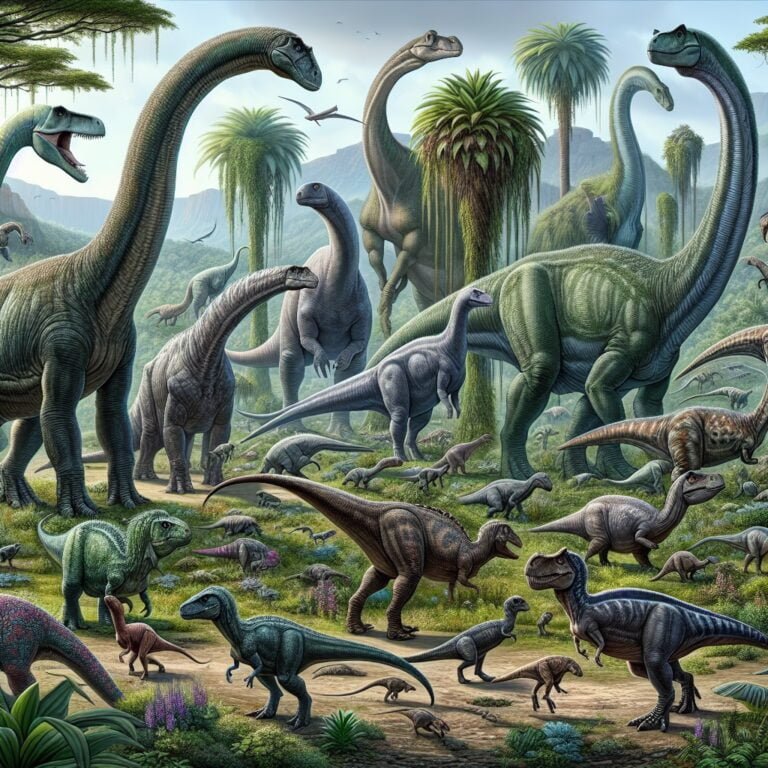 Illustration of various dinosaurs displaying their enormous sizes in a prehistoric landscape.
