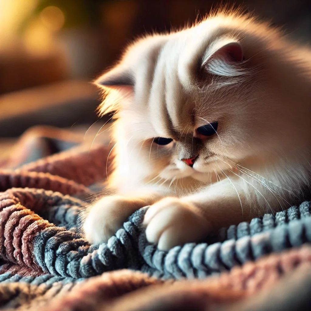 Cat kneading on a soft blanket