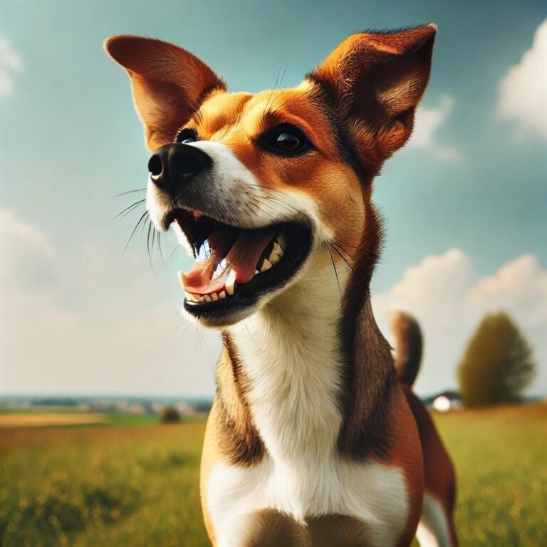 A dog barking energetically in a backyard