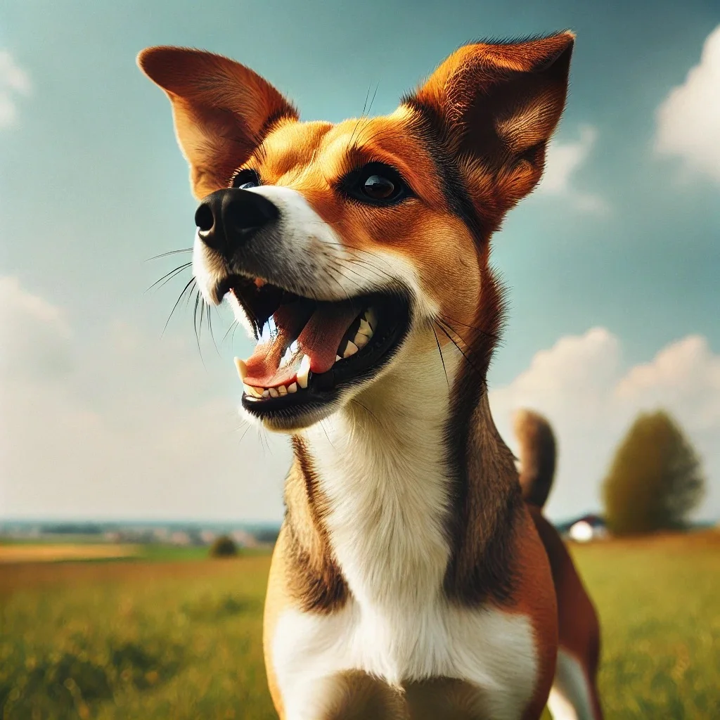 A dog barking energetically in a backyard