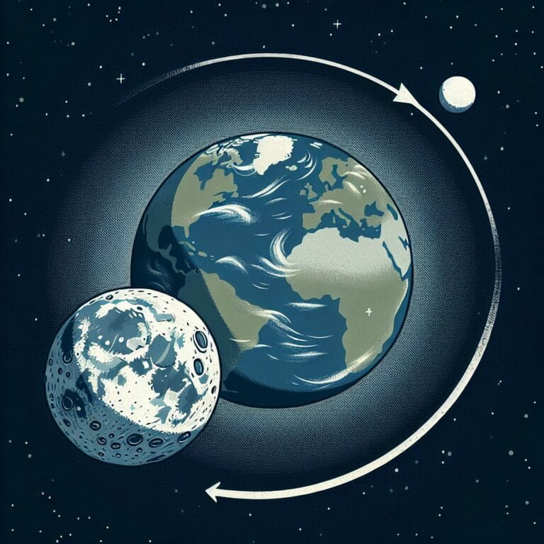Illustration of the Earth and Moon with an arrow indicating the Moon's gradual drift away from Earth over time.