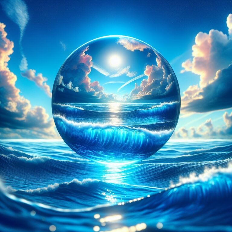 Ocean waves reflecting a vibrant blue sky with sunlight shimmering on the water surface.