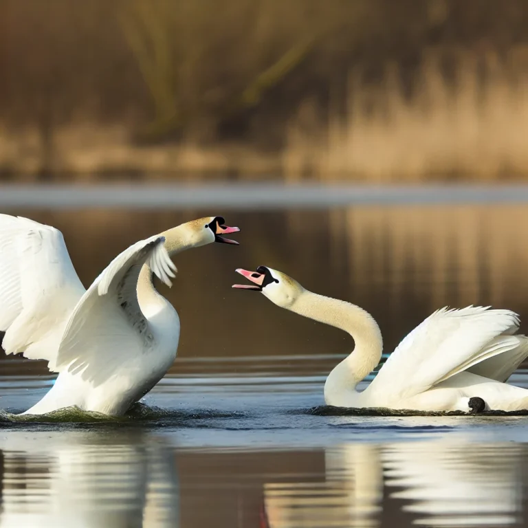 Two swans interacting on a calm lake with wings raised, representing the territorial and graceful nature of swans.